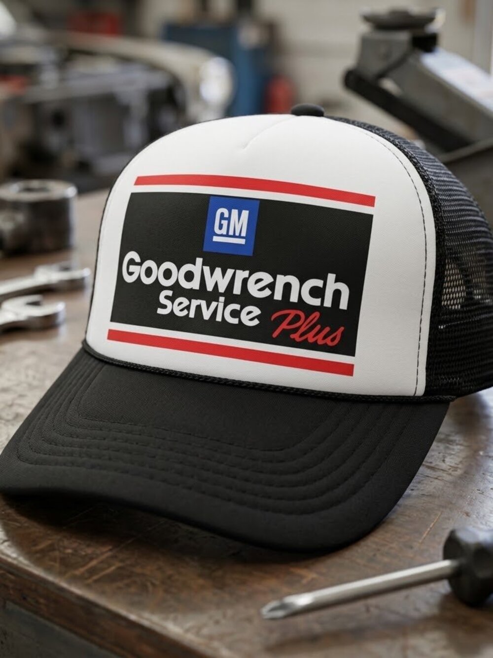 Retro NASCAR GM Goodwrench Service Plus Hat Black White Foam Mesh Snapback Cap